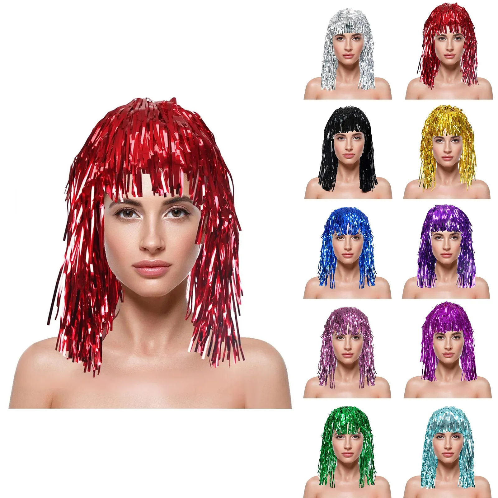 Parrucca con cappuccio antipioggia per animali domestici Decorazioni per feste di carnevale Copricapo con nappe lucide Ventaglio da cheerleader Parrucca colorata Leggera non soffocante