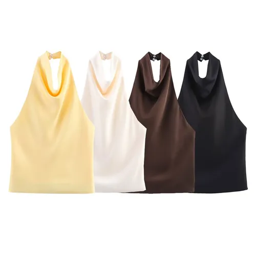 NOVEDAD DE VERANO 20225, productos, ropa de mujer, textura satinada, temperamento, moda, cuello Halter, Top, temperamento, espalda descubierta Sexy