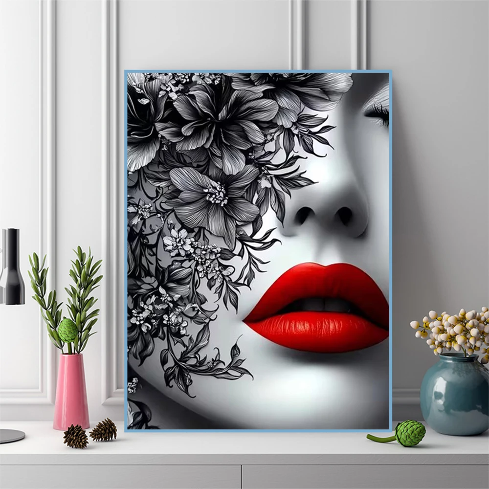 Diamant-Mosaik Frauenporträt DIY Diamantmalerei Schwarz Rot Geeignet für Anfänger Bastelset Stickerei Heimdekoration