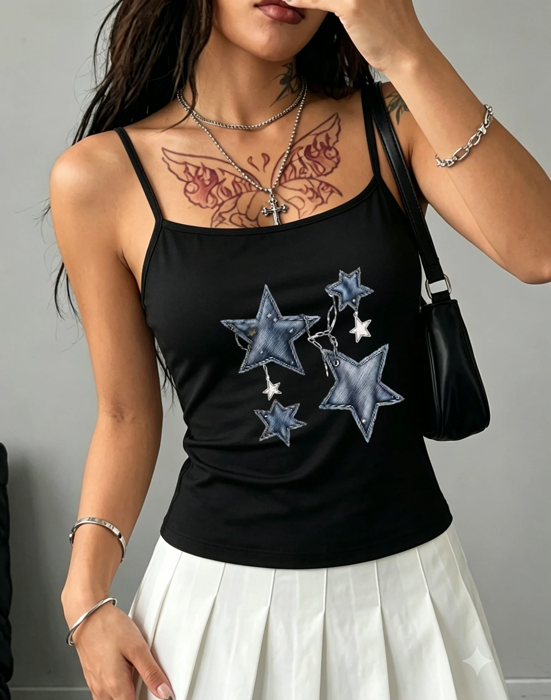 Women Retro Patchwork Star Chain Graphic Spaghetti Strap Camisole Coquette Sleeveless Tank Top Holiday Daily Black White Vest
