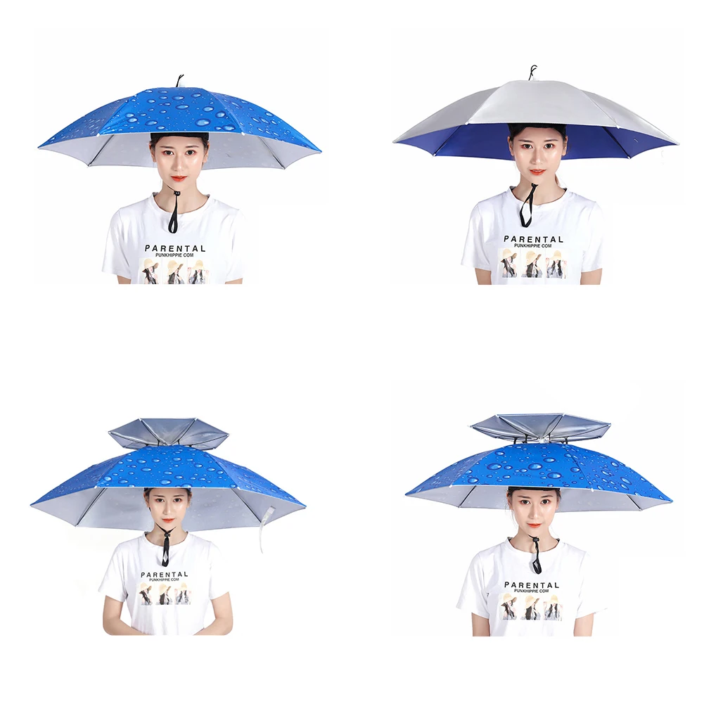 Men Women Folding Umbrella Hat Outdoor Large Fishing Umbrella Cap Double Layer Rain Protection Umbrella Adjustable Headwear