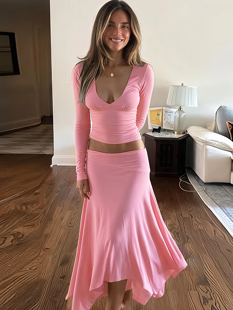 Absobe Sexy Autumn Women Skirt Set Solid Color V-Neck Tie-back Crop Top Pleated Skirt 2 Piece Streetwear Casual Matching Outfits
