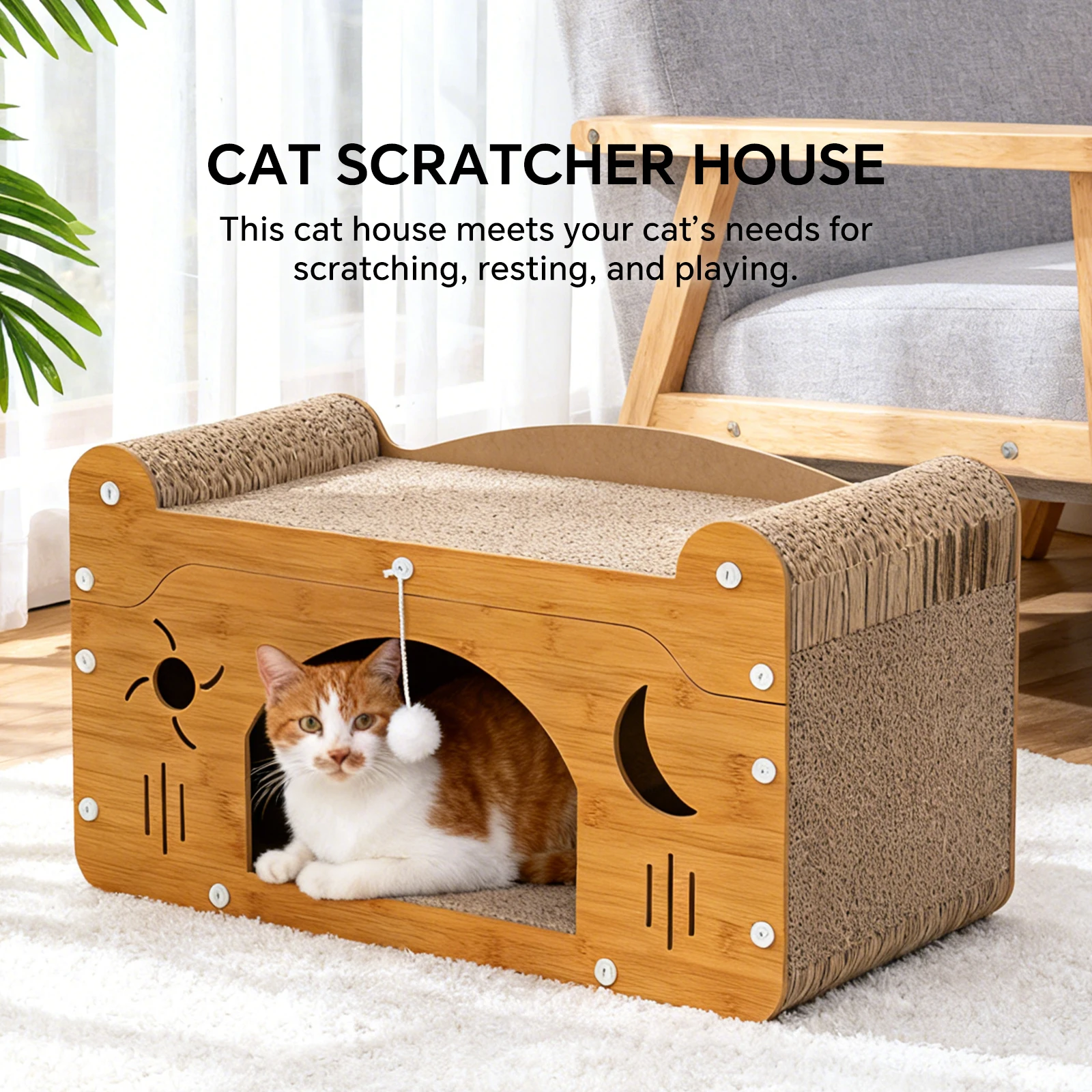 

Многофункциональный домик-когтеточка для кошек, 3-в-1: когтеточка, мягкая лежанка и игровая пещера с игрушками, прочная конструкция, идеально подходит для кошек/котят