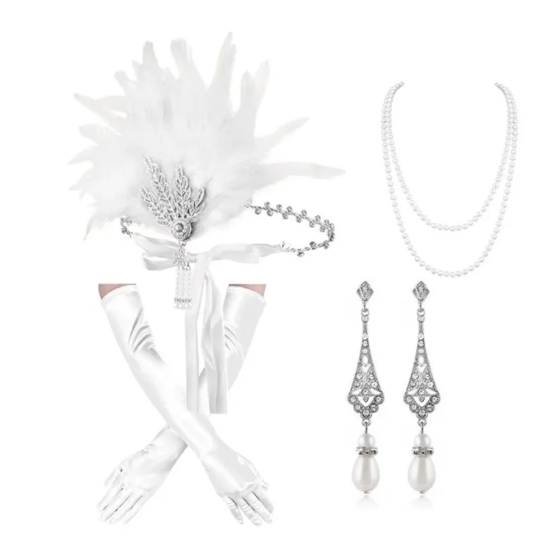 

White Feather Headdress for Women 1920s Gatsby Party Hairband Set Vintage Style Performance Decor Influencer Ball Hair Accessory