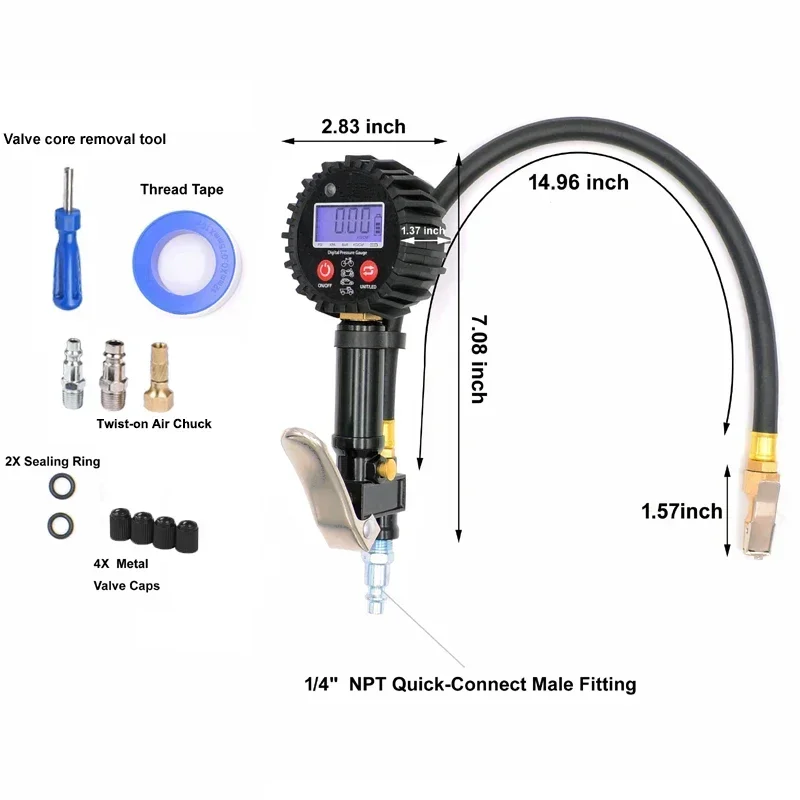 1/4 NPT Quick Connect Digital Tire Inflator with Pressure Gauge 0-200PSI Air Chuck and Compressor Accessories Tire Repair Tools