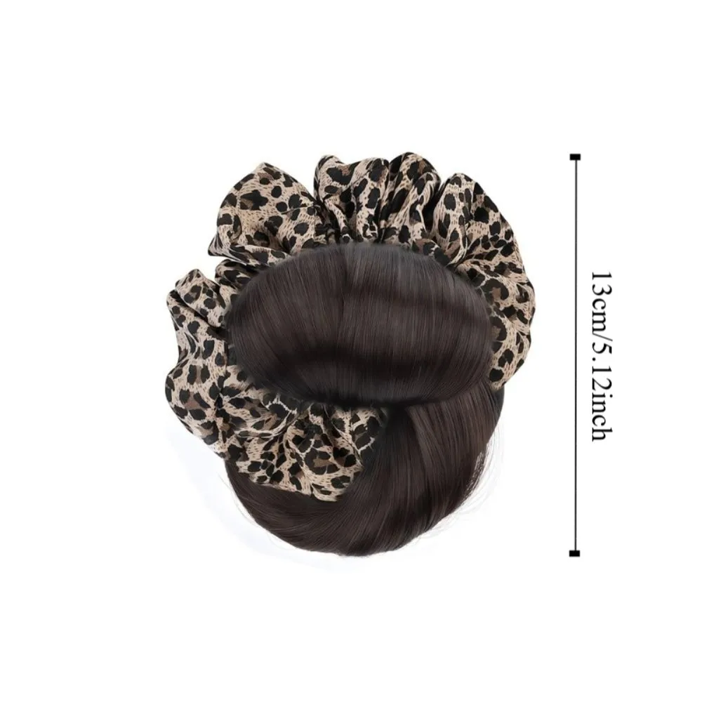 Jepit Rambut Sintetis Model Sanggul Motif Leopard dengan Ikat Rambut Wig Jepit Rambut Palsu Cokelat Mengembang Aksesoris Rambut