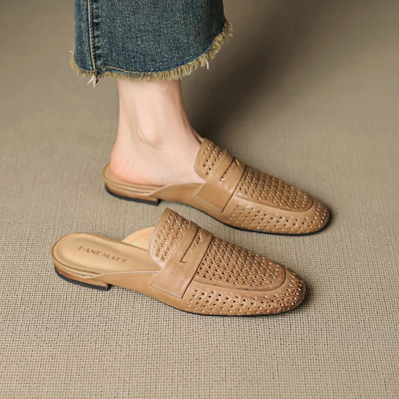 NEW Summer Women Mules Genuine Leather Shoes for Women Round Toe Chunky Heel Shoes Cover Toe Slingback Sandals Hollow Slippers