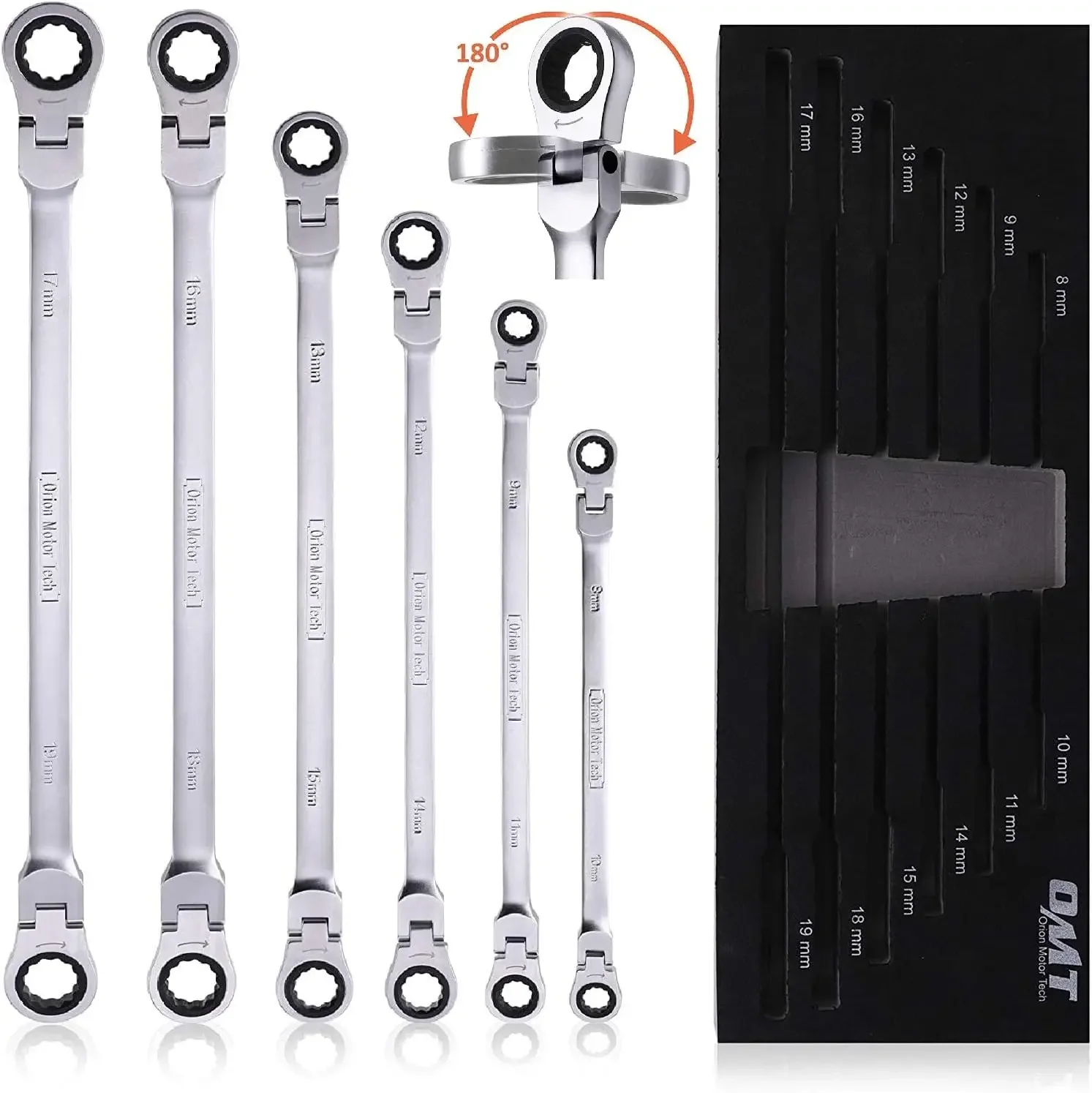 6-Piece Metric 8mm - 19mm Extra Long Gear Ratcheting Wrench Set XL Extended Handle with Flex Head 6pcs & 12 Sizes