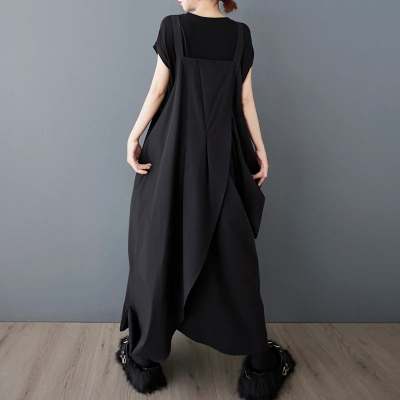 فستان صيفي متوسط الطول فضفاض بدون حمالات غير متماثل، تصميم عصري كبير الحجم، مصنوع من مزيج البوليستر والقطن