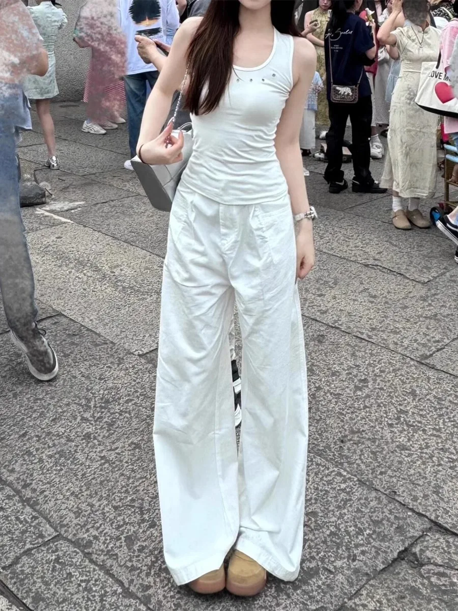 

Retro American White Casual Pants Women's High Waist Straight Narrow Wide Leg Floor Length Trousers Spring Summer Autumn