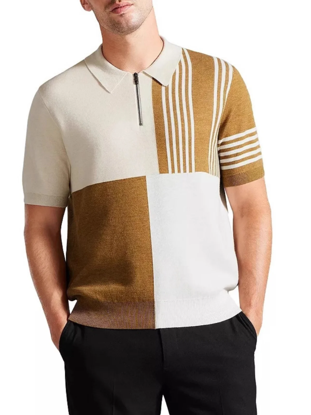 

Мужская вязаная футболка с воротником, летняя новинка, в стиле пэчворк, ретро, модная, с элементами слип-он, трикотажная, стандартного кроя