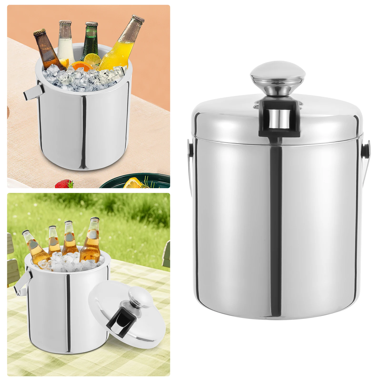 

Ведро для льда из нержавеющей стали объемом 1,3 л — с двойной стенкой, крышкой и совок, сохраняет холод ледя для часов вина, шампанского, коктейлей