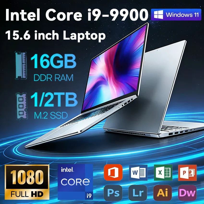15.6' Windows 11 Laptop Computer Intel Core I9 9900 16GB RAM 1TB SSD Laptops Office Computer PC Fingerprint Unlock Notebook