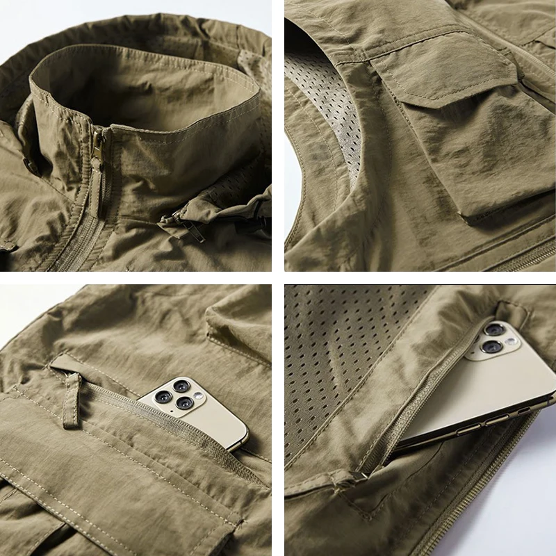 Spring New Outdoor Hooded Fishing Vest Mens Solid Breathable Multi-Pocket High Quality Vest Coat Detachable Hat Sports Vest Male
