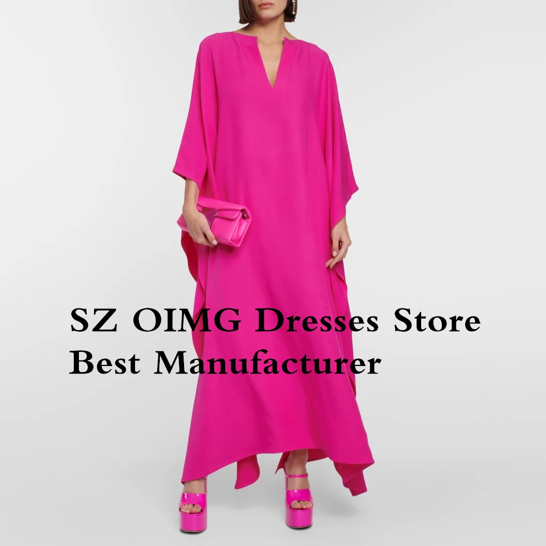 OIMG-Robe de Bal Longue en Satin Rose, Élégante, Manches sulf, Col en V, Longueur au Sol, Crêpe, Perles, Tenue de Soirée Formelle