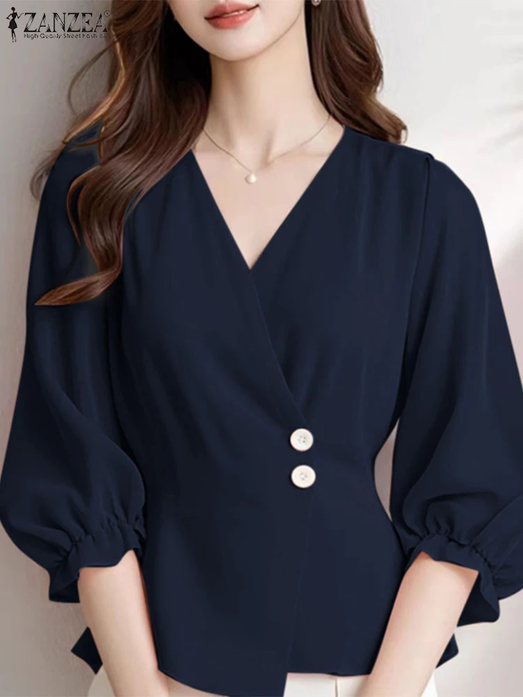 ZANZEA Women Office Lady Blouse Vintage V-neck Tops Fashion 3/4 Pufff Sleeve Blusas Casual Loose Solid Buttons Shirts Oversized