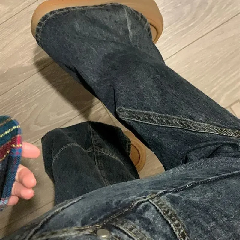 Amerikanischen Retro High Street Micro Ausgestelltes Jeans frauen Herbst Winter Spleißen Design Sinn Hohe Taille Gerade Bein Hosen Frauen