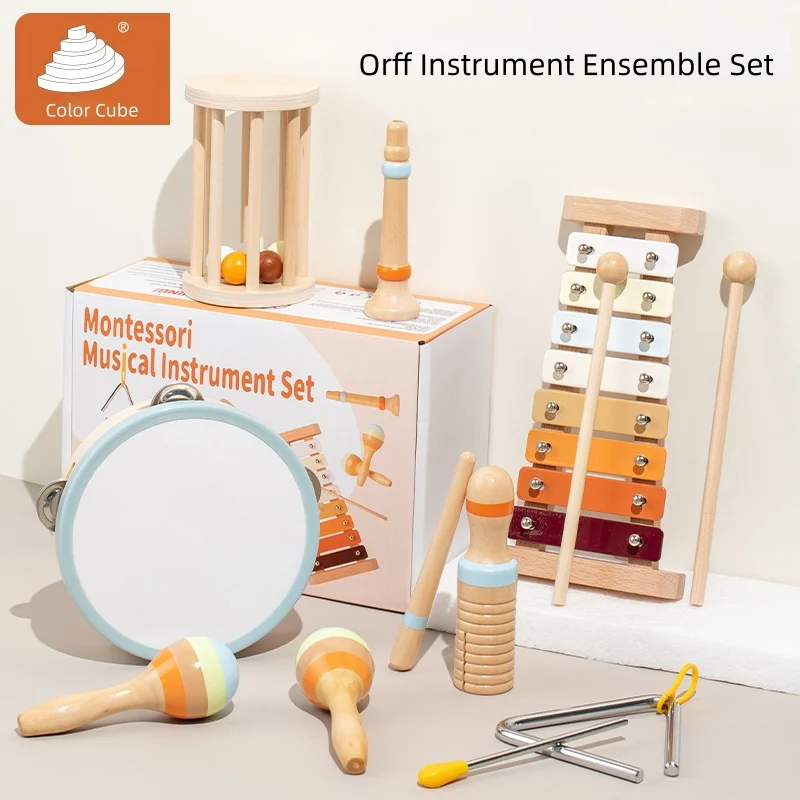Drewniany zestaw instrumentów muzycznych zawiera ksylofon, bęben, shaker i inne. Dzieci będą się świetnie bawić, tworząc muzykę i uderzając w instrumenty.