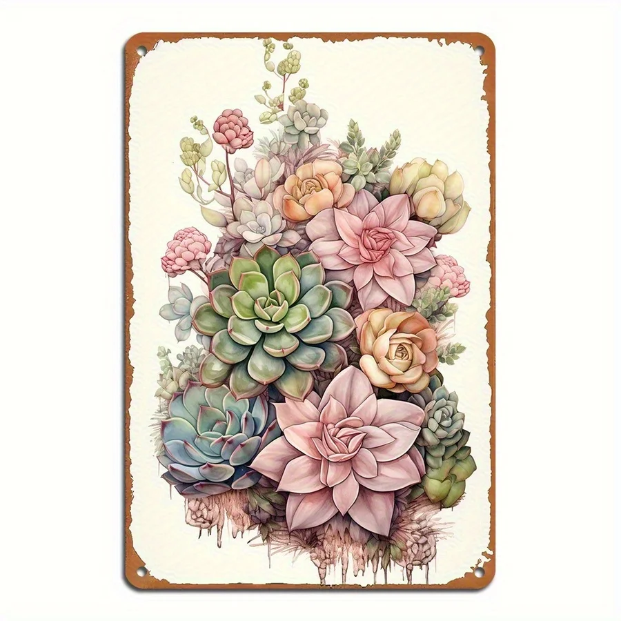 Vintage Metallschild mit Sukkulenten- und Blumenmotiv, Eisen, 20,3 x 30,5 cm, 2D, flache Wanddekoration, Plakette für Zuhause, Büro, Garten