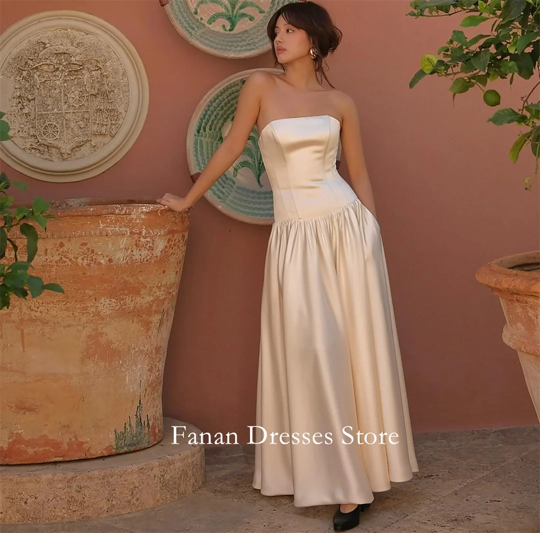 

FANAN Korea Strapless Satin Elegant A-Line Simple Wedding Dresses 웨딩드레스 Ruched Backless Ivory Customized Pretty Bride G
