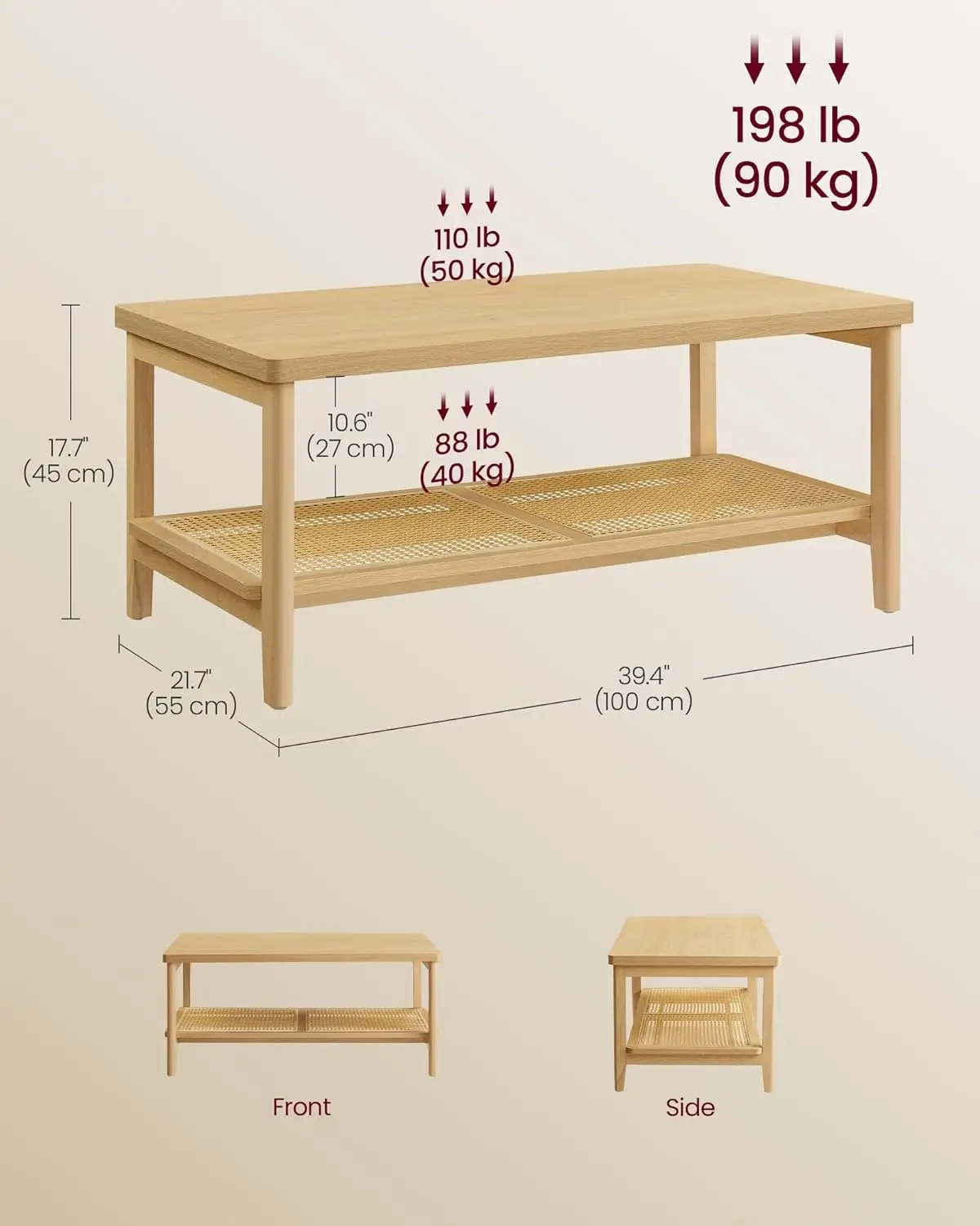 Mesa de centro Rectangular para sala de estar, estante de almacenamiento de ratán de PVC, redondeado, 2 niveles