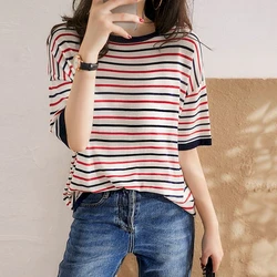 Knitted T-shirts Women Fashion Ice Silk Short Sleeve Tops Summer Trend Thin Loose T Shirt Breathable Striped Tshirt Y2k Clothes