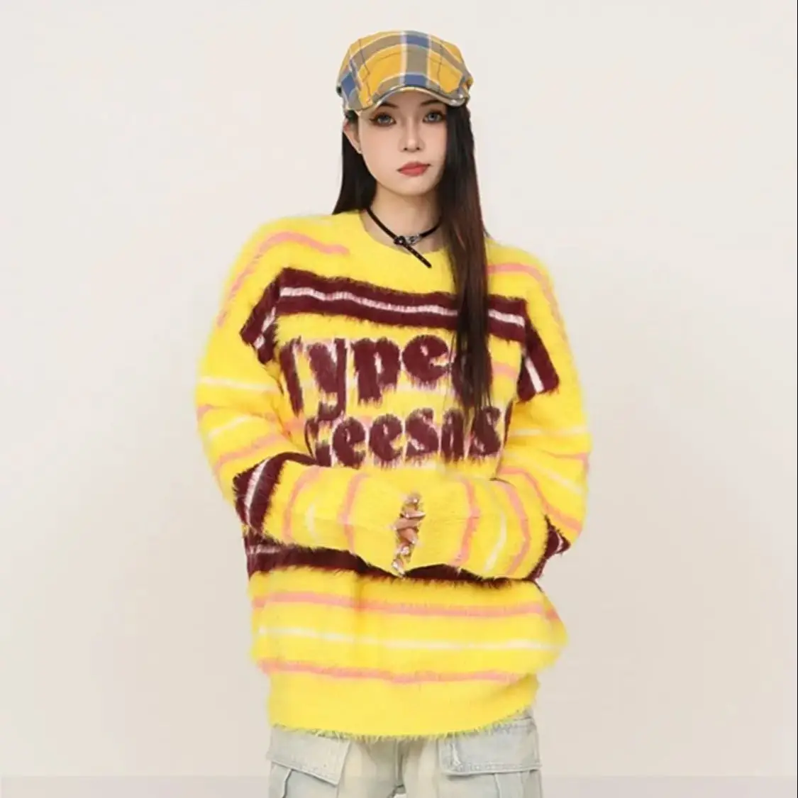 Pullover Striped Sweater Imitation Mink Sweater Women Autumn Winter 2024 Retro Trendy Brand Maillard Soft Waxy Lazy Style