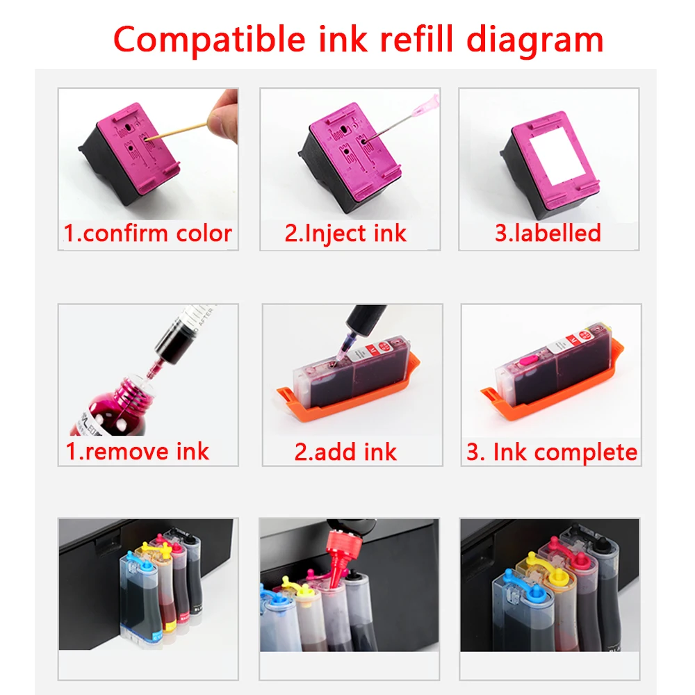 100ml Ink Refill Kit For HP 21 22 301 302 304 121 122 123 650 652 300 140 141 350 351 343 338 XL Cartridge Printer Dye Ink