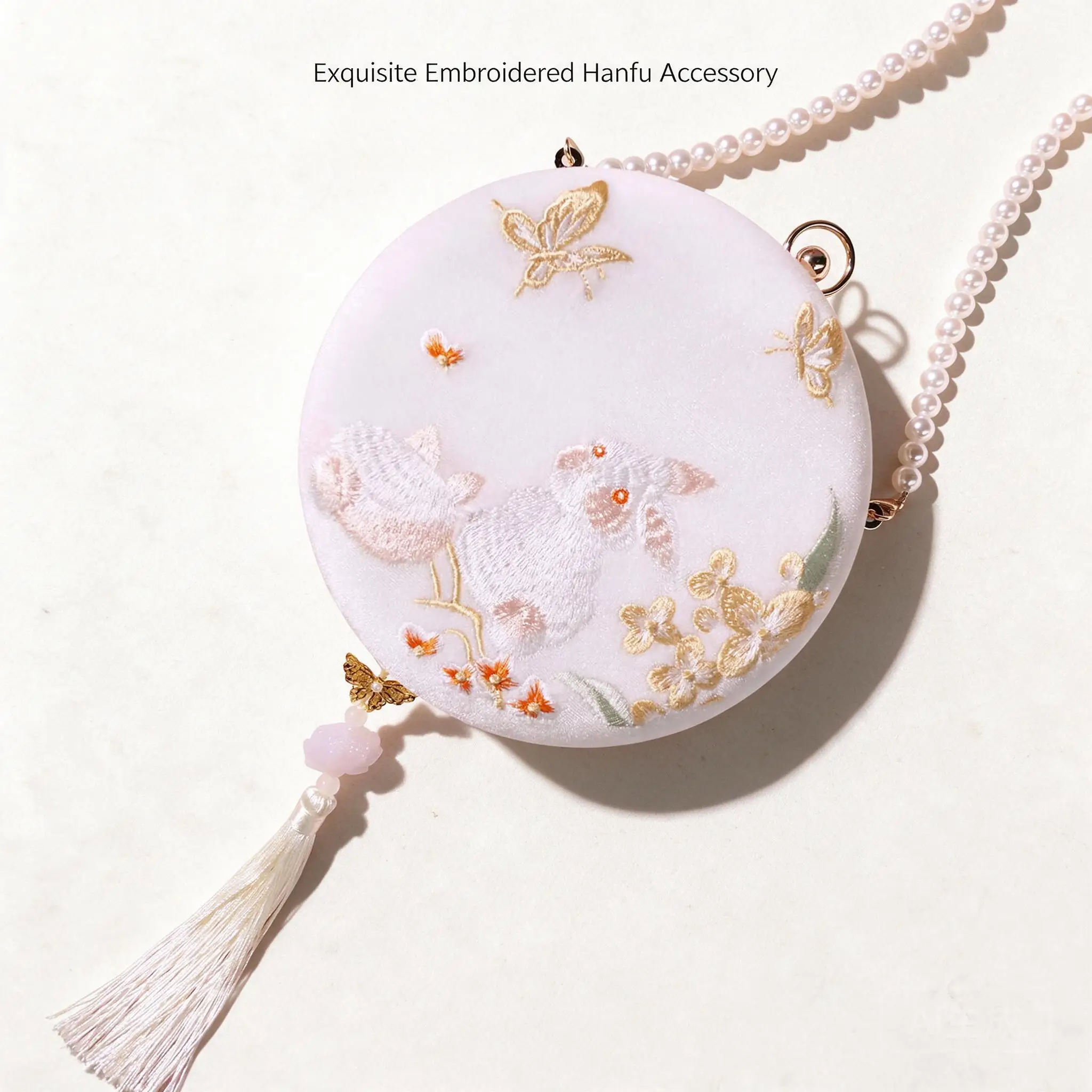 Chinese Style Hanfu Cheongsam Embroidered Cute Rabbit Floral Butterfly Round Purse Pearl Chain Tassel Crossbody Shoulder Bags