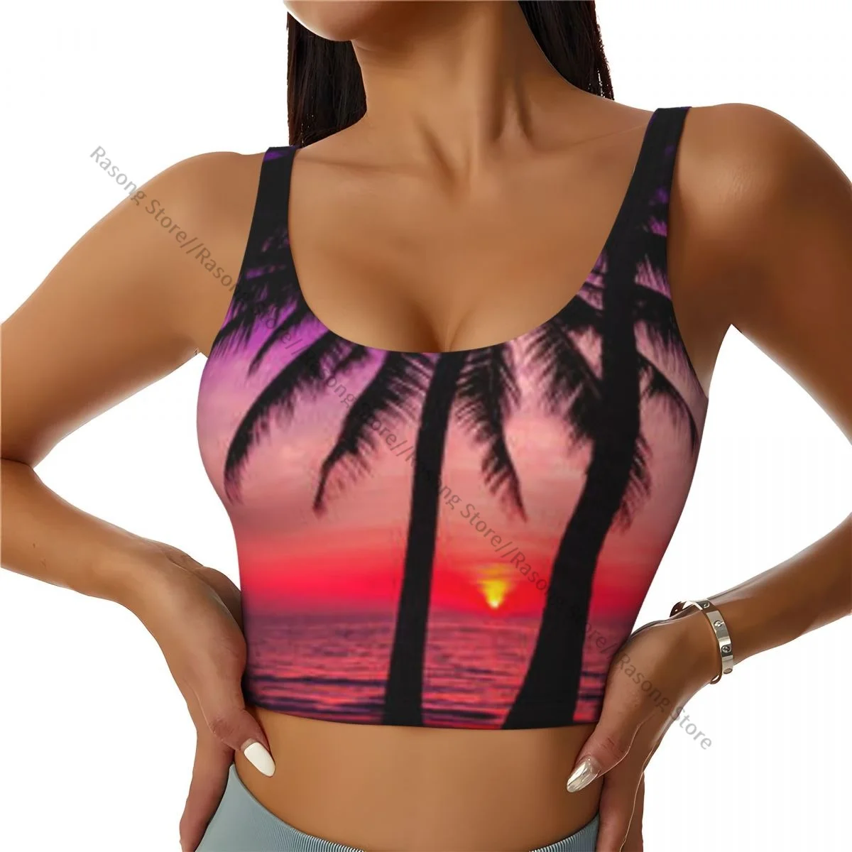 Yoga Vest Women Gym Sports Crop Tops Palm Trees Sunset Tropical Beach Coastline Streetwear Workout Breathable Tank Top Female