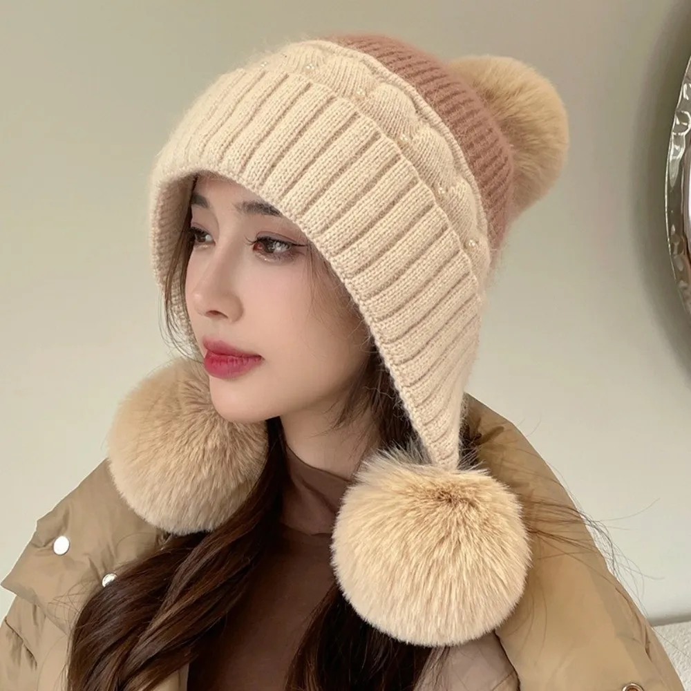 

Sweet Solid Color Woolen Knitted Cap Knitted Cold-proof Plush Beanie Hat Thickened Plush Ball Ear Protection Hat Ladies