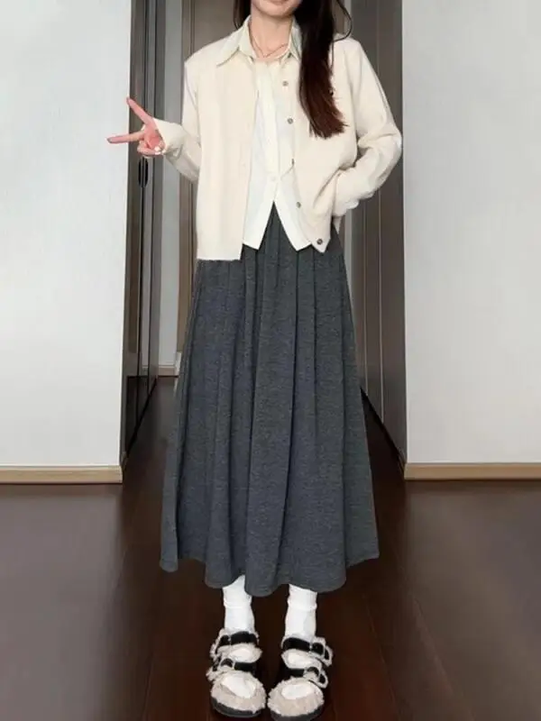 Gonna da ragazza Anni primaverili e autunnali Nuovo modello Gonna a ombrello di media lunghezza a vita alta Shorty Gonna lunga drappeggiata pigra Dopamina Hot