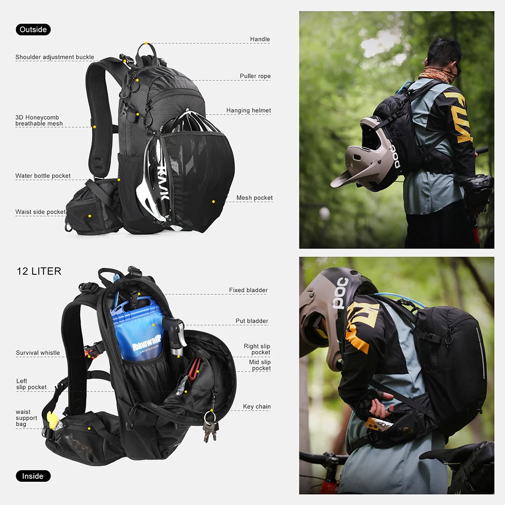 Rhinowalk Bicycle Bike Bags 12L Cycling Backpack Bike Multifunctional Outdoor Sport Climbing Hiking MTB Road Bike Hydration Bag