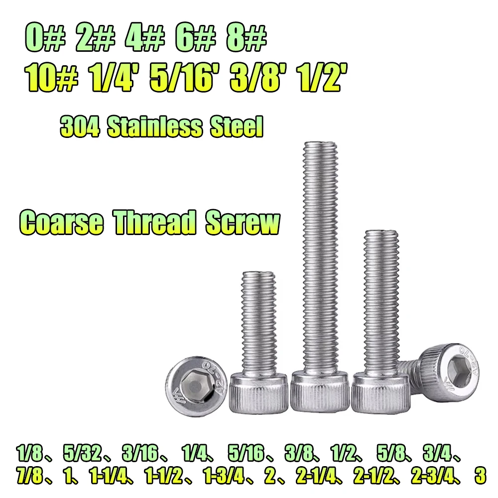 2-20Pcs UNC 0# 2# 4# 6# 8# 10# 1/4 5/16 3/8 1/2 Inch Coarse Thread Allen Cup Head Screw 304 Stainless Steel Hex Socket Bolts