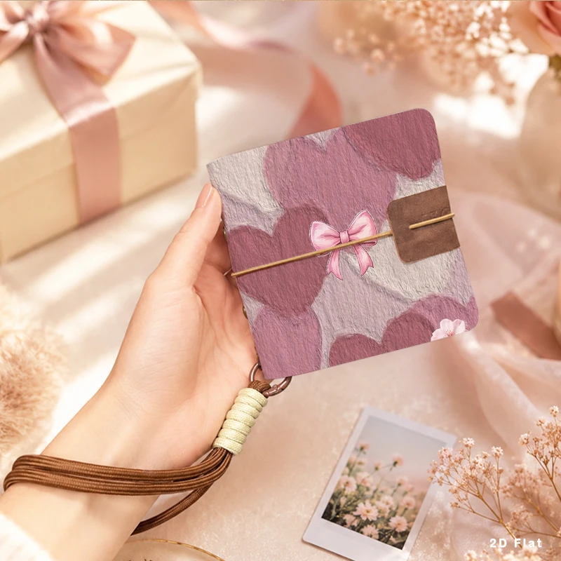 Small Portable Photocard Holder Album with Wrist Rope, Pastel Pink Heart Bow Print Mini Photo Book for Instant Photos & Travel T