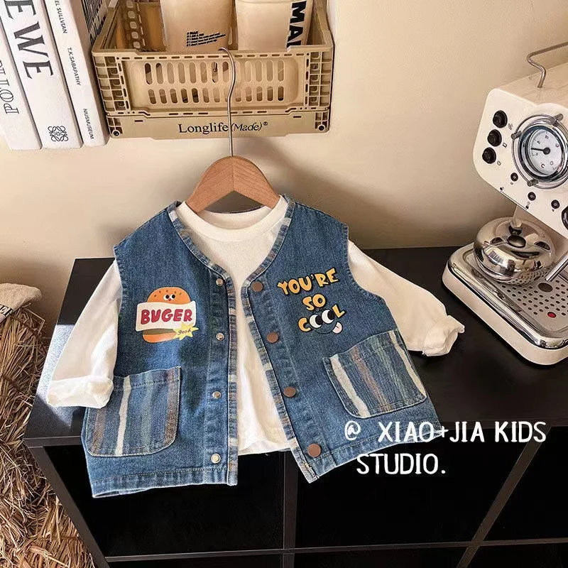 

Can Love Hamburger Printed Denim Vest For Children With Boys and Girls Handsome Sleeveless Spring and Autumn Clip Back Heart