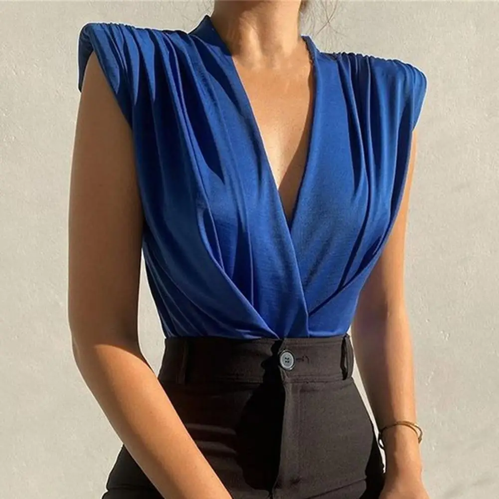 Blus kantor wanita atasan menggoda warna Solid leher V dalam tanpa lengan wanita berlapis Bodysuit wanita temperamen blus musim panas untuk kencan