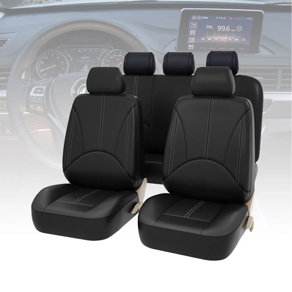 

9Pcs Full Set Car Seat Covers PU Wear-Resistant No Smell Easy Install Universal Fit for Front Rear Split Bench Black