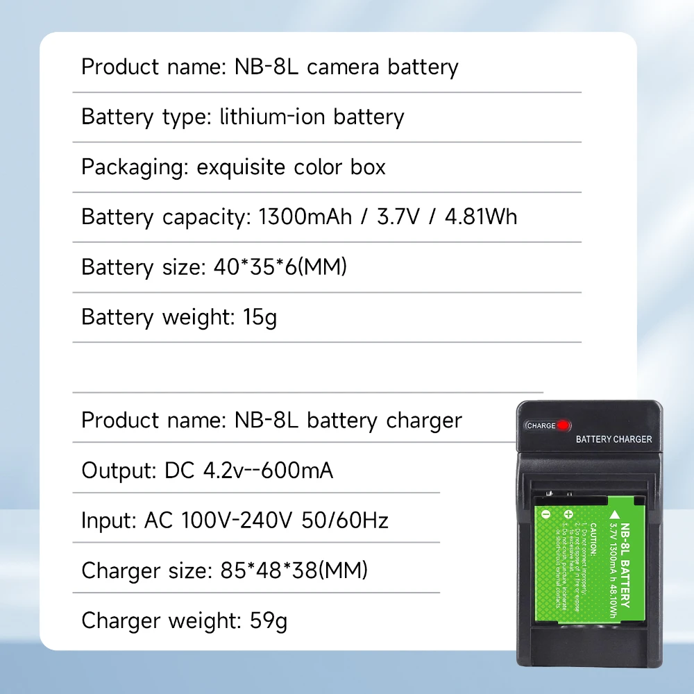 1300mAh Battery NB-8L LED Fast Battery Charger SET NB 8L Li-ion Battery For Canon NB8L A3000 A3100IS A3200 A3300 A2200 Battery