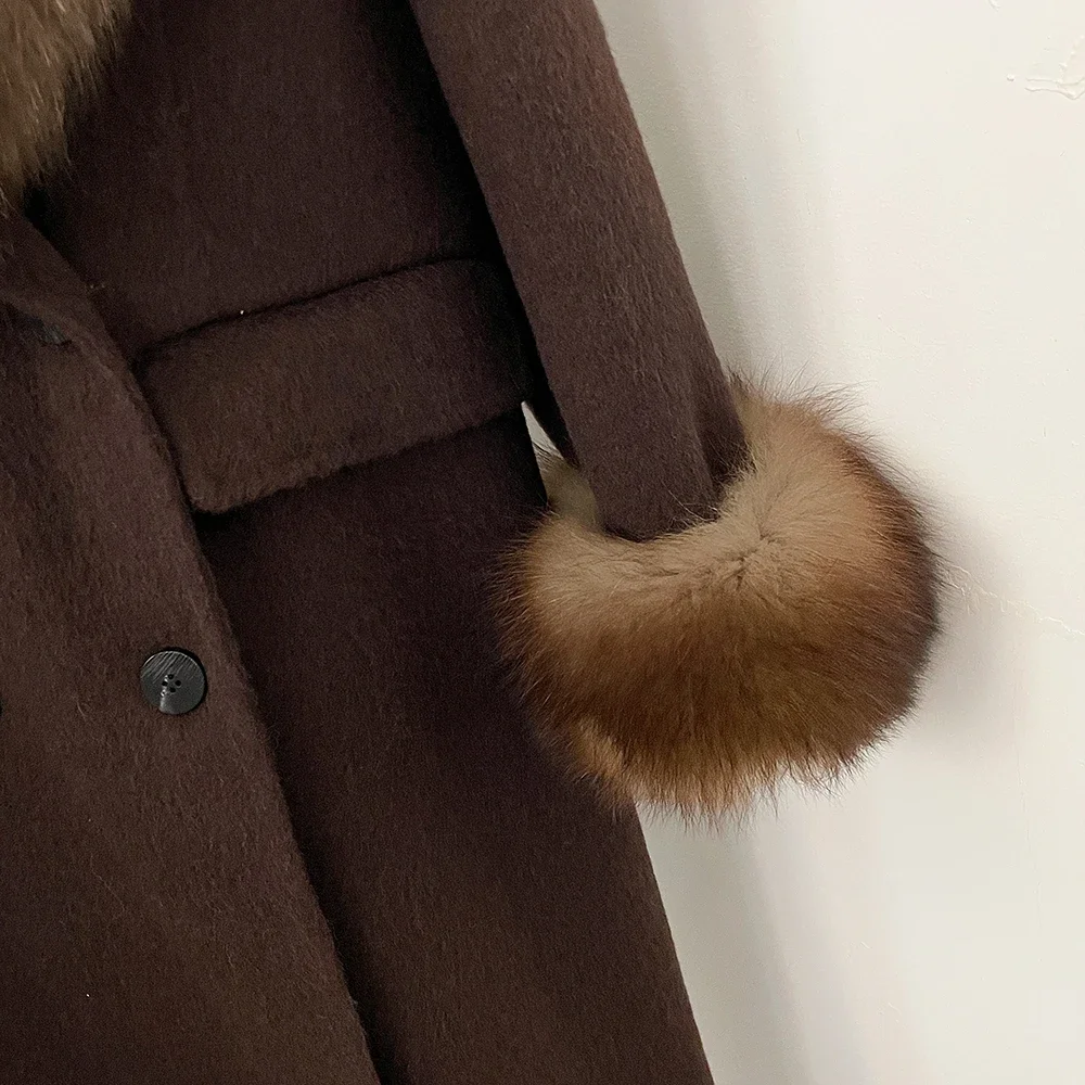 OFTBUY Großer Natürlicher Pelzkragen Doppelreihiger Langer Damen-Wollmantel Winter Warmer Dicker Schlanker Wollmantel mit Echtpelz – Detail 29