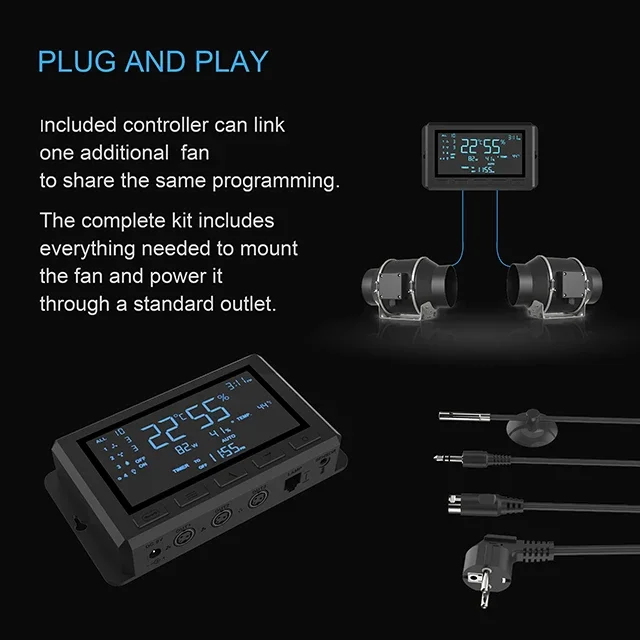 Hydroponic 8 Inch Duct Fan with Temperature Humidity Controller EC  Duct Fan speed smart Controller air ventilating system