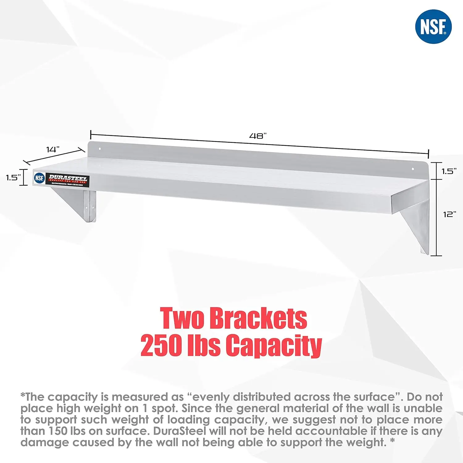 ชั้นวางติดผนังสแตนเลส 48" กว้าง x 14" เกรดเชิงพาณิชย์ลึก - ได้รับการรับรอง NSF - เหมาะสําหรับร้านอาหาร บาร์ บ้าน ห้องครัว