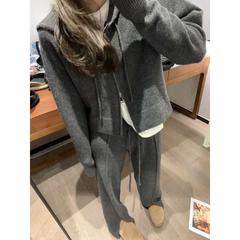 Hooded Zipper Cardigan Women Short Fall Winter Wool Lazy Style Front Slit Drawstring Slim Knitted Suit Milanese Fleece Trousers