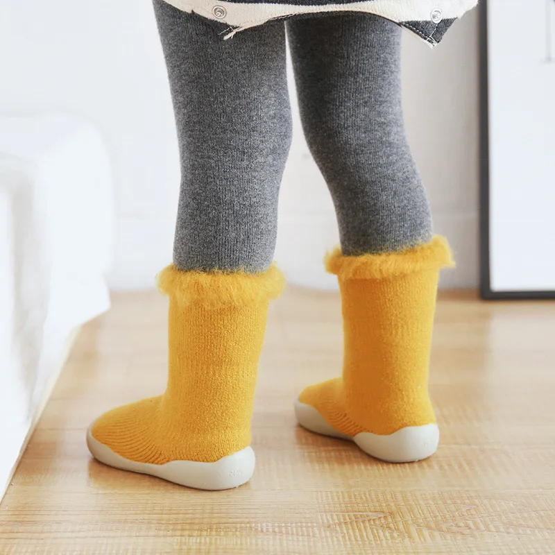 Yellow Black Baby Girls Booties Soft Soles Toddler Shoes Winter Kids Warm Snow Shoes Socks Infant Boys Brushed Thick Sock Shoes