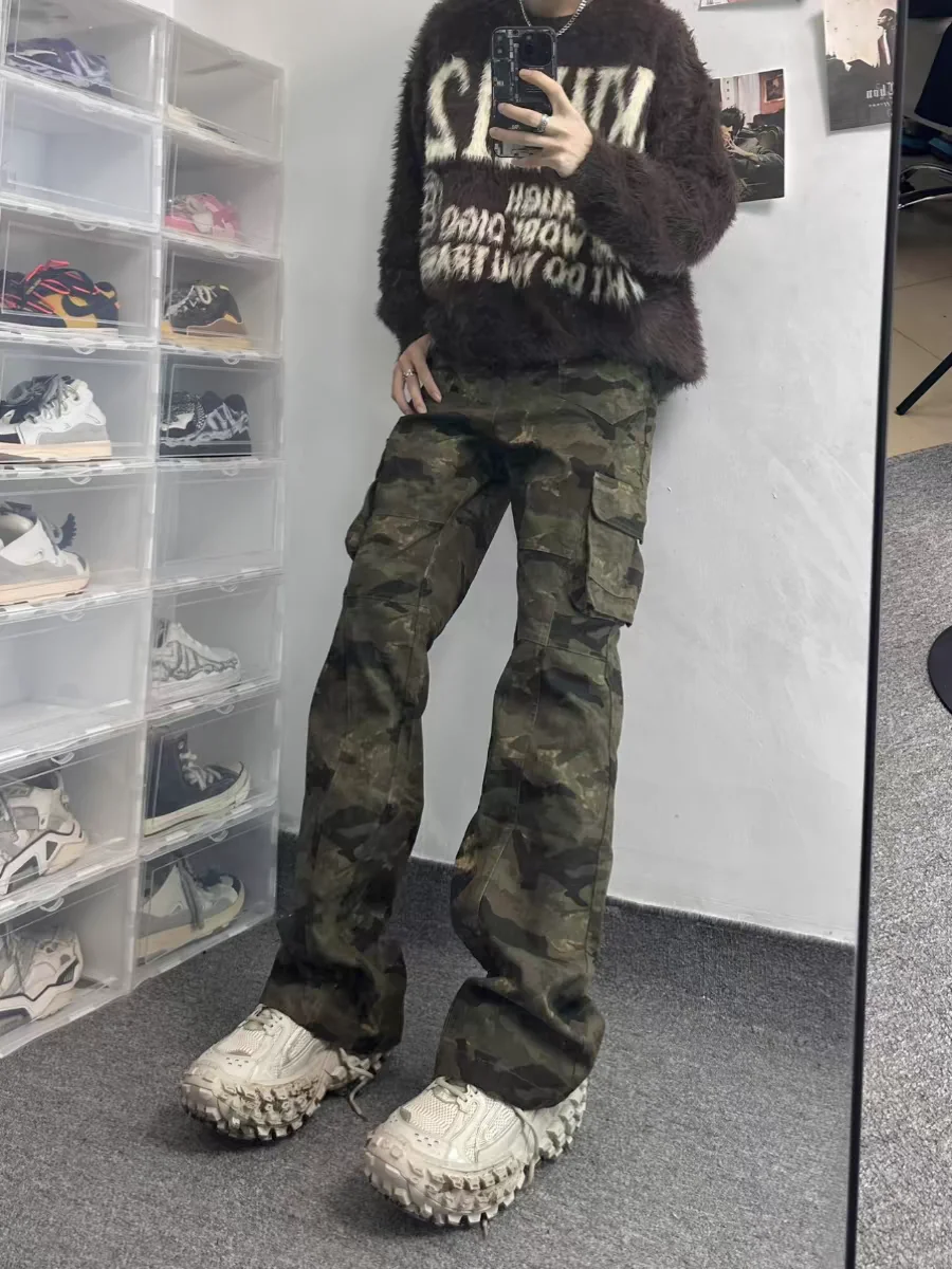 

American Retro Camouflage Work Pants High Street Design Casual Hoof Pants Men Women Casual Loose Fit Summer Long Trousers
