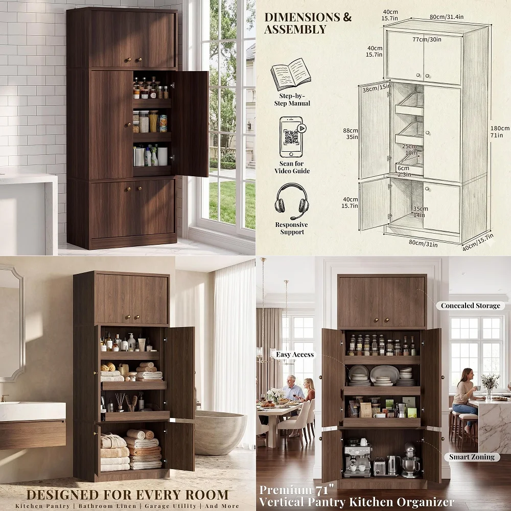 

71 Kitchen Pantry Cabinet with LED Motion Sensor Light, Tall Storage Cabinet with 6 Door Shelves, Drawer amp Adjustable Shelves