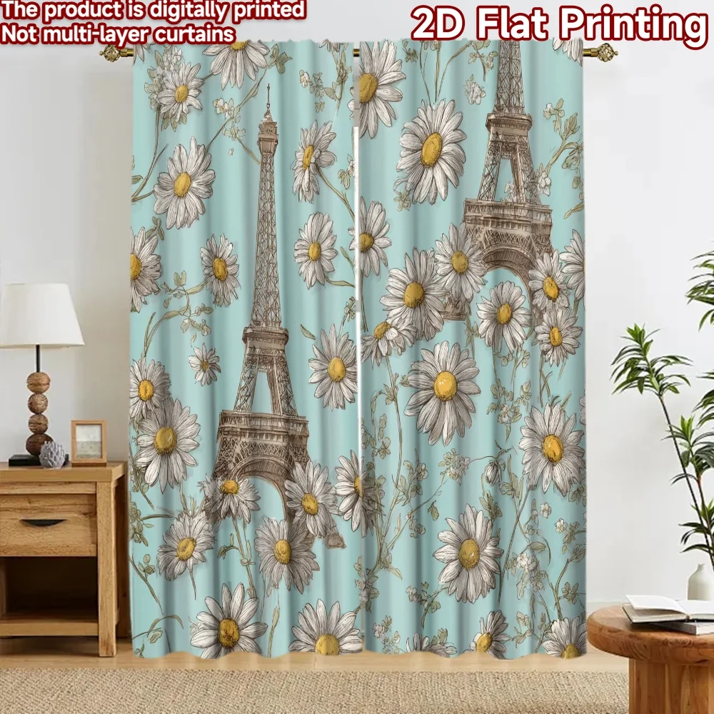 2D flat 2pcs Curtain French Romantic Style Curtains Paris Daisy Floral Digitally printed polyester Festive Holiday Perfect for