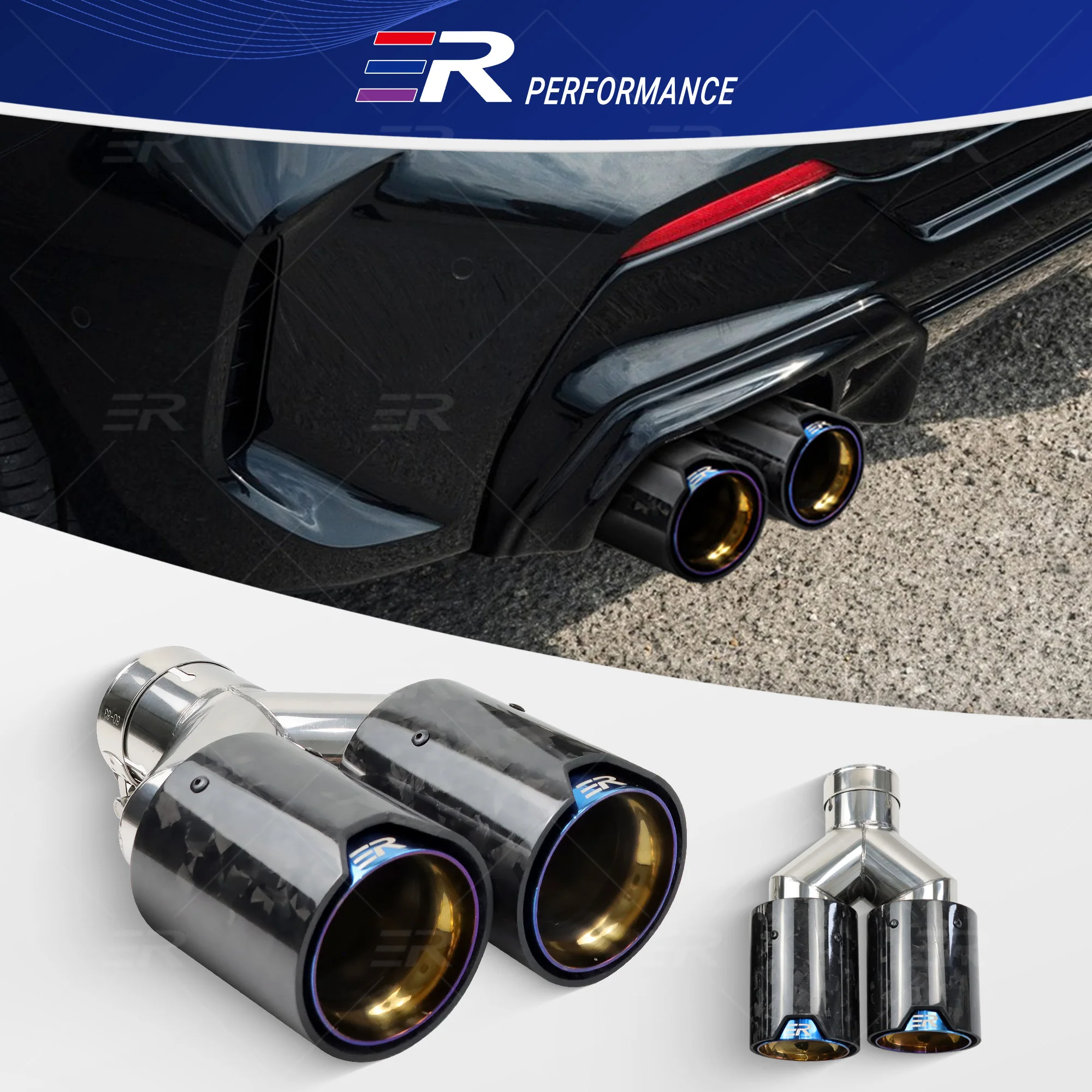 ER Upgrade Forged Carbon Fiber Exhaust Tips Car accessories Double Exit Muffler pipe for BMW nozzles Modify Blue stainless steel