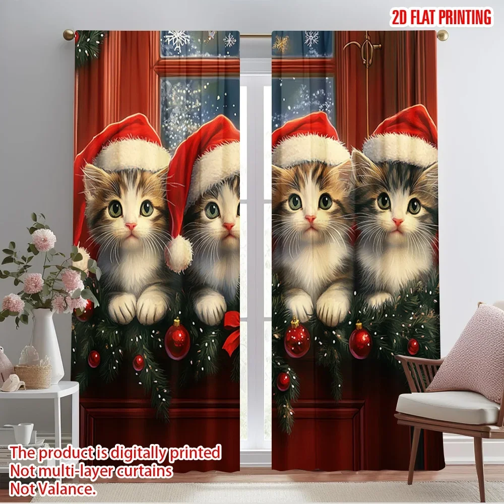 

2pcs,2D plane printing Print Curtains Four Kittens Christmas Door Versatile Polyester Fabric (without rod) Outdoor Decorations