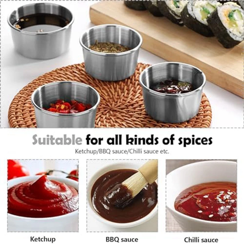 6Pcs 2 Oz Stainless Steel Dipping Sauce Cup, Mini Dip Bowls, Reusable Metal Condiment Cups Ramekins Containers